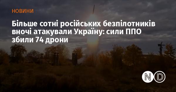 Вночі понад сто безпілотників з Росії здійснили напад на Україну: сили протиповітряної оборони знищили 74 з них.